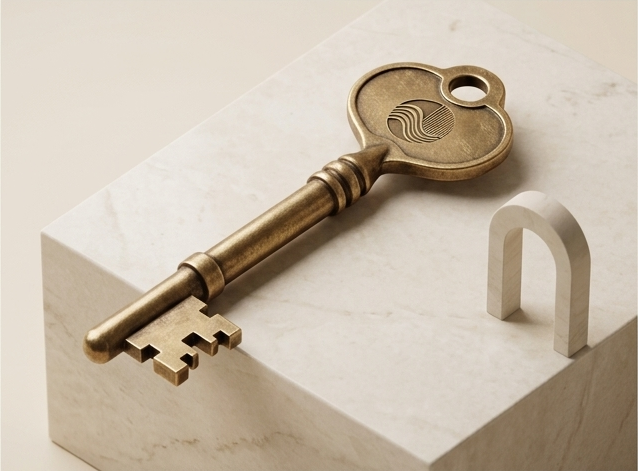 Antique brass key resting on a marble block