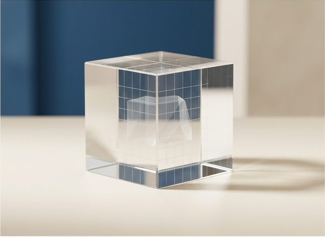 Clear acrylic cube with an internal grid
