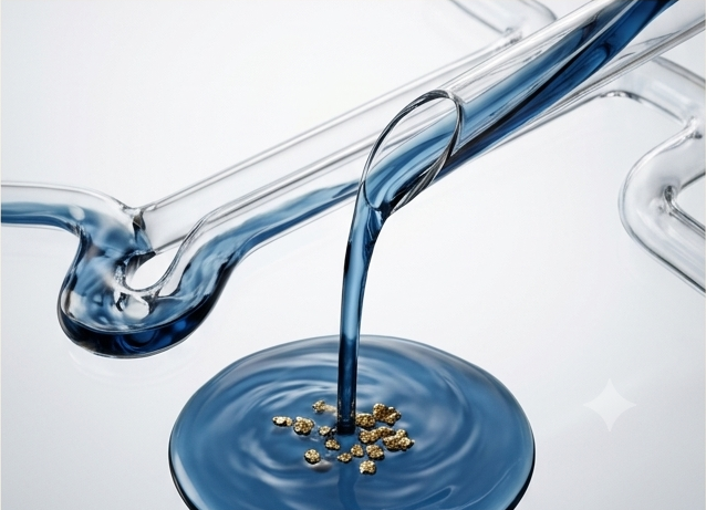 Blue liquid flowing through glass tubes into a pool